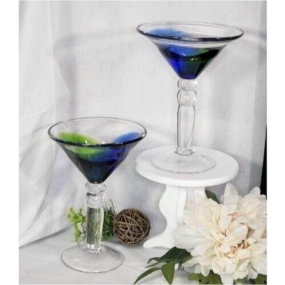 Hand Blown Art Glass Stemmed Martini Glasses Clear Blue & Green Beautiful 2 pc.